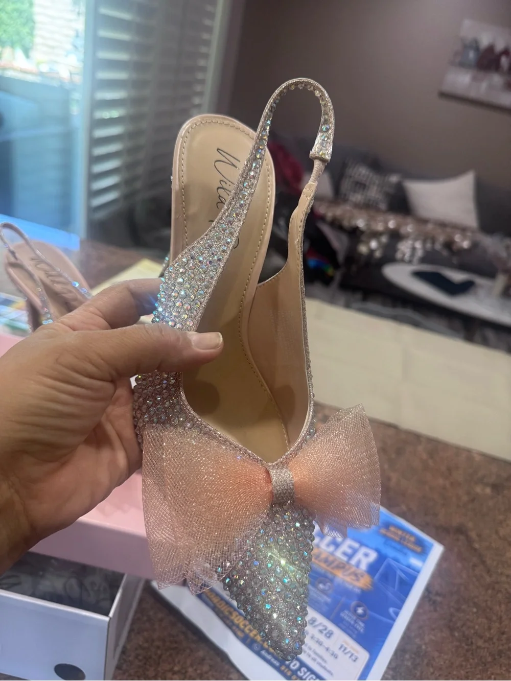 Wild Pair Crystal Embellished Pink Bow Slingback Heels